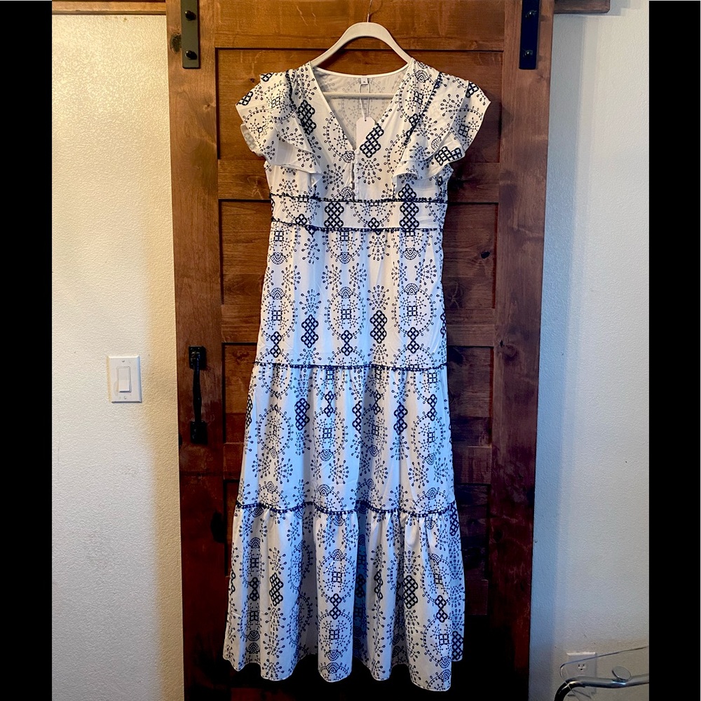 White & navy maxi ruffled dress